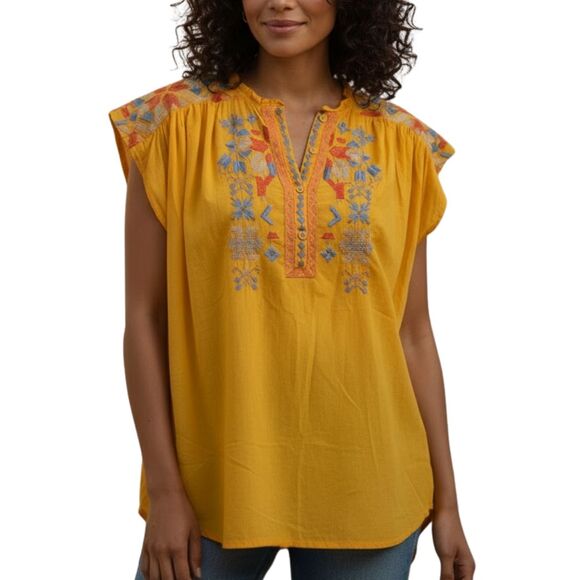 Johnny Was Biya Sleeveless Embroidered Tunic M Yellow Boho - Picture 1 of 12